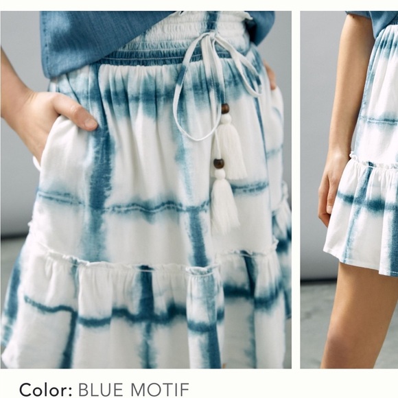 Anthropologie PILCRO Tie Dye Mini Skirt Blue White Tie Waist Tiered Sz S - Picture 13 of 15